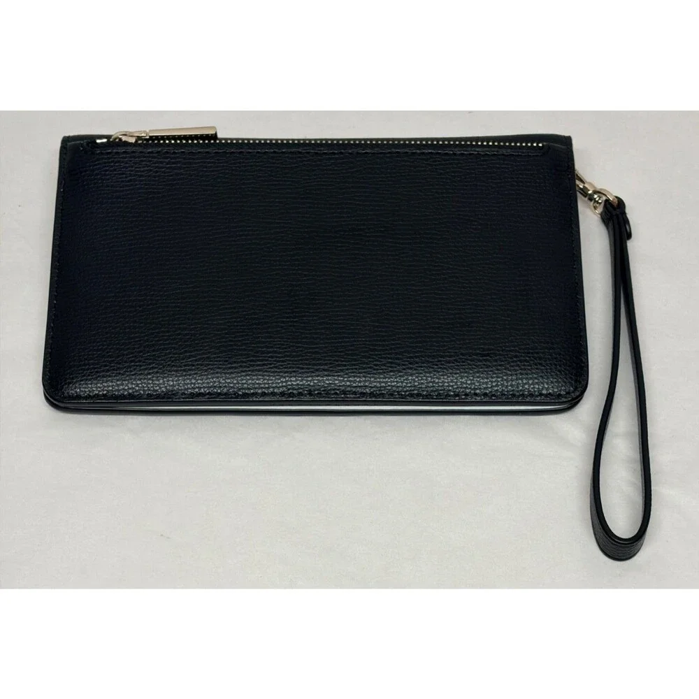 Kate Spade Large Slim Bifold Wallet Check Book Wristlet Pebbled Leather Black